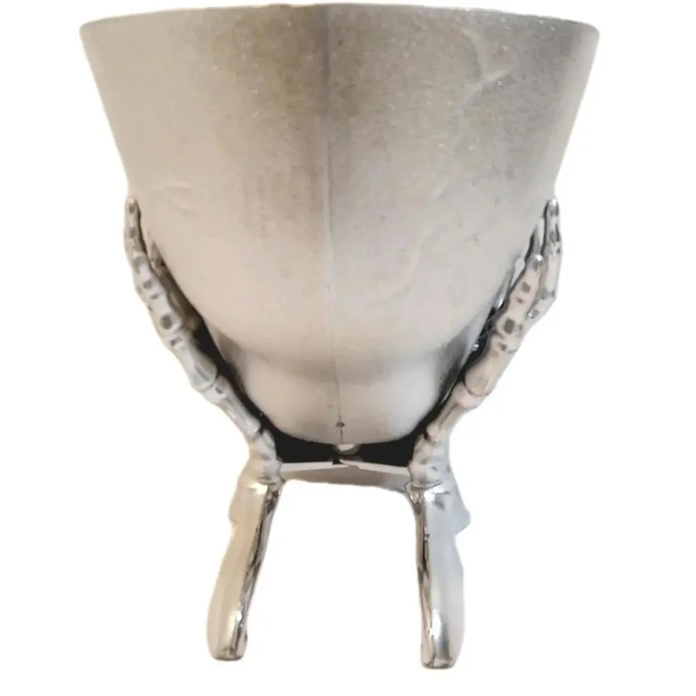 Halloween Skull Candy Table Bowl Silver Metallic Chrome Dish Skeleton Hands